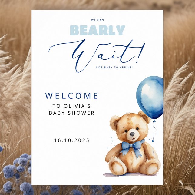 Bear Blue Balloon Boy Baby Shower Welcome Poster (Creator Uploaded)