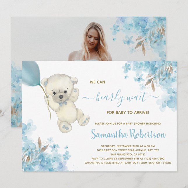 Bear Blue Balloon Watercolor Boy Baby Shower Photo Invitation (Front/Back)