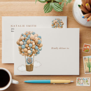 Bear, Blue Balloons, Hot Air Balloon, Baby Shower Envelope