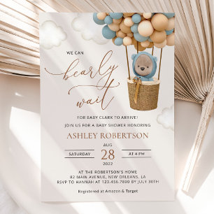 Bear, Blue Balloons, Hot Air Balloon, Baby Shower Invitation