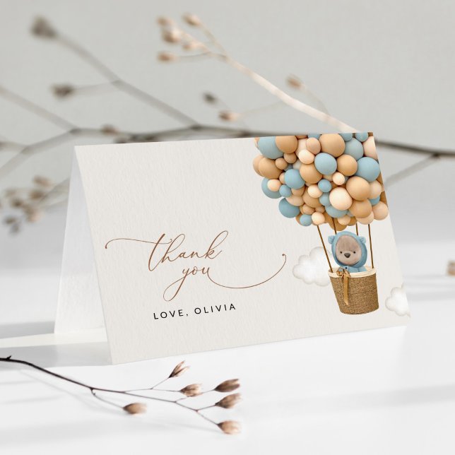 Bear, Blue Balloons, Hot Air Balloon, Baby Shower Thank You Card (Creator Uploaded)