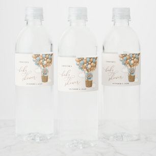 Bear, Blue Balloons, Hot Air Balloon, Baby Shower Water Bottle Label