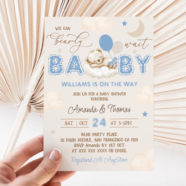 Bear Blue Bearly Wait Boy Baby Shower  Invitation (Creator Uploaded)