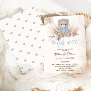 Bear Blue Boho Pampas Boy Baby Shower  Invitation