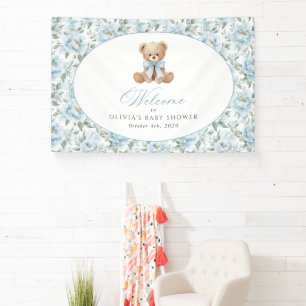 Bear, Blue Bow, Blue Flowers, Baby Shower Welcome Banner