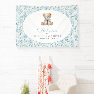 Bear, Blue Bow, Blue Flowers, Baby Shower Welcome Banner