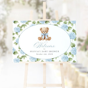 Bear, Blue Bow, Blue Flowers, Baby Shower Welcome Poster