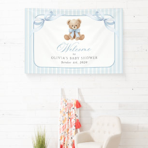 Bear, Blue Bow, Blue Stripes, Baby Shower Welcome Banner