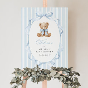 Bear, Blue Bow, Blue Stripes, Baby Shower Welcome Poster