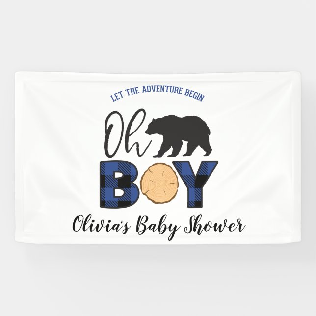 Bear blue Buffalo Plaid Baby Shower Banner (Horizontal)