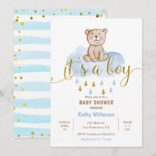 Bear Blue Cloud Baby Shower Invitation