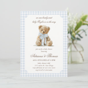 Bear Blue Gingham Boy Baby Shower Invitation