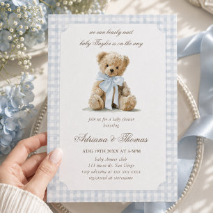 Bear Blue Gingham Boy Baby Shower Invitation