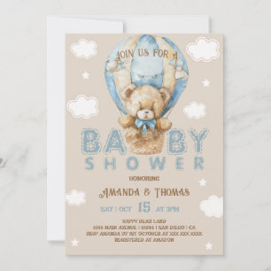 Bear Blue Hot Air Balloon Boy Vintage Baby Shower Invitation
