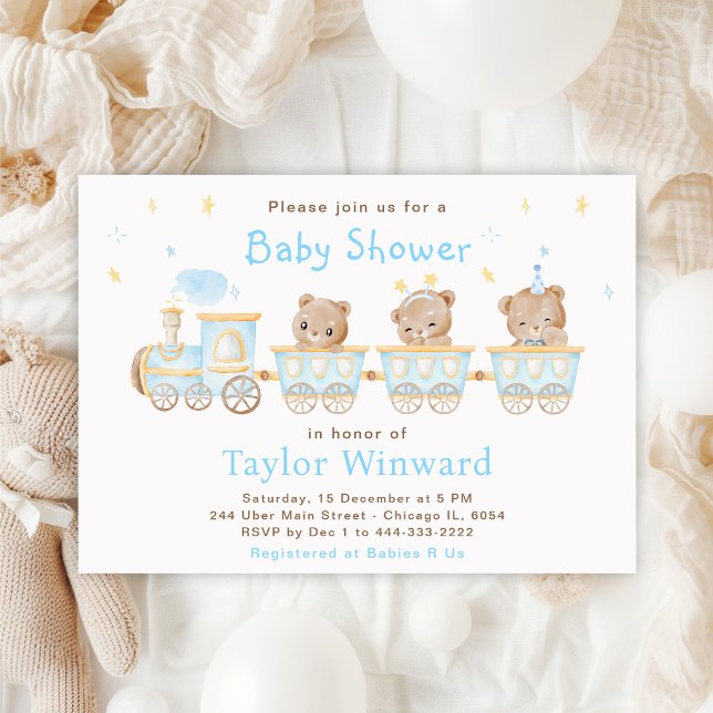 Bear Blue Train Baby Shower Invitation (Creator Uploaded)