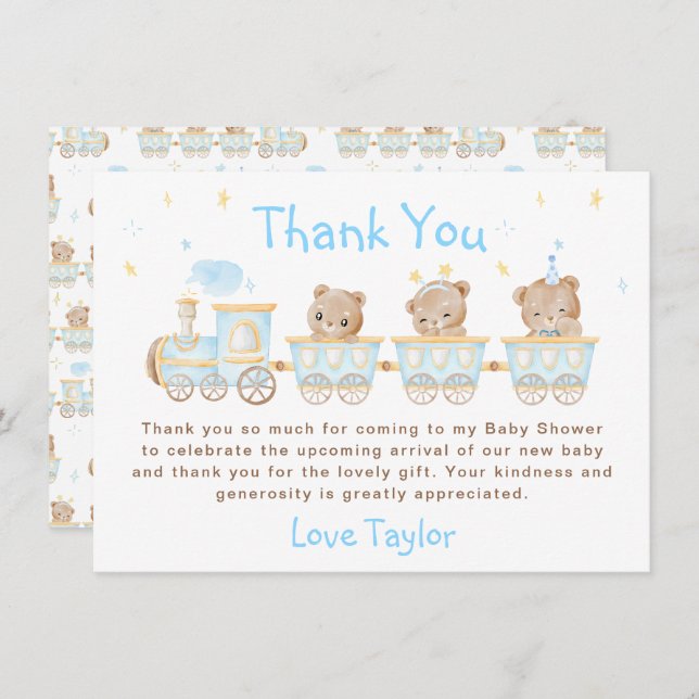 Bear Blue Train Baby Shower Thank You Card (Front/Back)