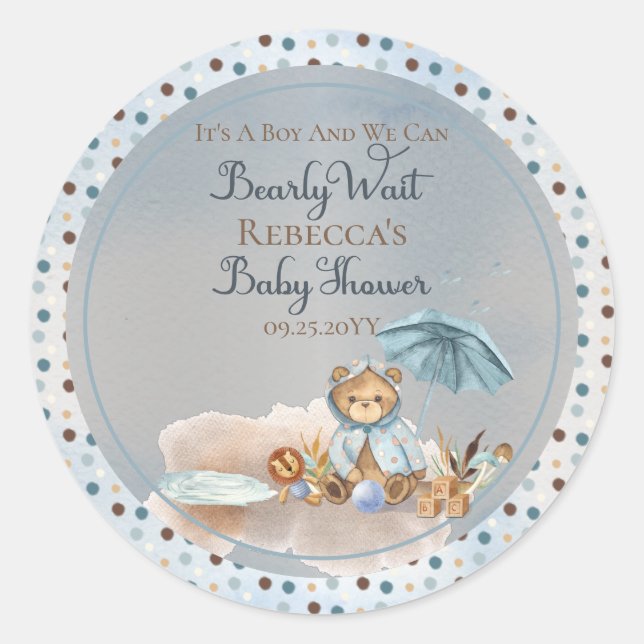 Bear | Blue Umbrella Bearly Wait Boy Baby Shower   Classic Round Sticker (Front)