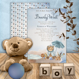 Bear   Blue Umbrella Bearly Wait Boy Baby Shower Invitation