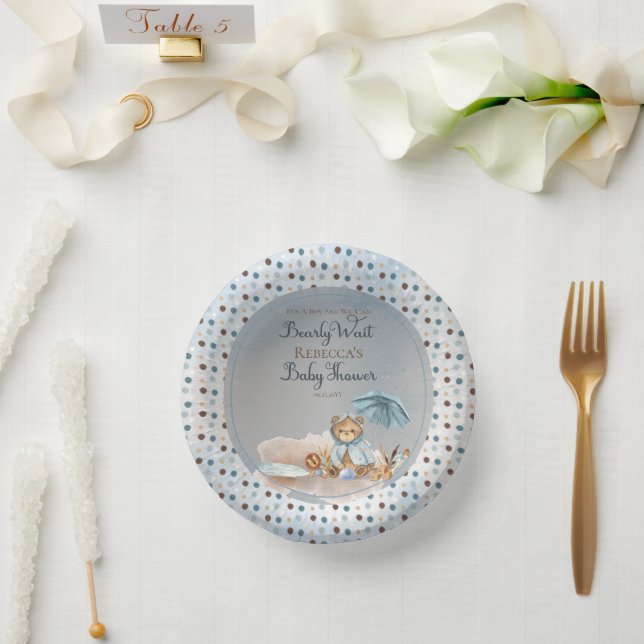 Bear | Blue Umbrella Bearly Wait Boy Baby Shower P Paper Plate (Wedding)