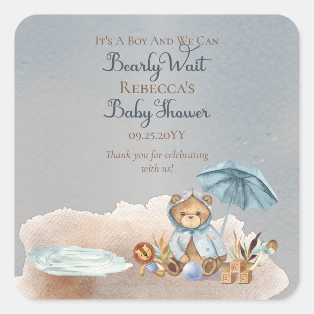 Bear | Blue Umbrella Bearly Wait Boy Baby Shower  Square Sticker (Front)