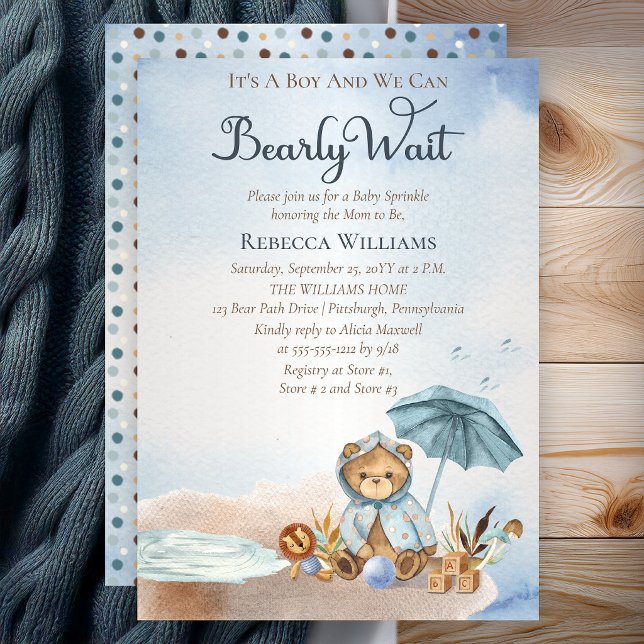 Bear | Blue Umbrella Bearly Wait Boy Baby Sprinkle Invitation (Teddy Bear Blue Umbrella Bearly Wait Boy Baby Sprinkle Invitation)
