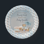 Bear | Blue Umbrella Bearly Wait Boy Baby Sprinkle Paper Plate<br><div class="desc">It's a Boy and We Can "Bearly Wait" "Baby Sprinkle" script text Welcome design featuring a cute little bear dressed in a blue raincoat witha blue umbrella. He is sitting beside a water puddle playing with his wooden blocks among the reeds, grasses and mushrooms. Composite design by Holiday Hearts Designs....</div>