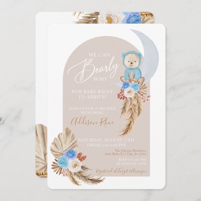 Bear Boho Blue Floral Baby Boy Shower Invitation (Front/Back)