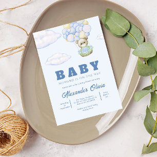 Bear Boho Blue Watercolor Baby Shower Invitation