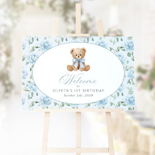 Bear, Bow, Blue Flowers, First Birthday Welcome Poster