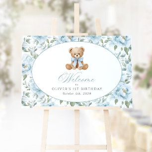 Bear, Bow, Blue Flowers, First Birthday Welcome Poster