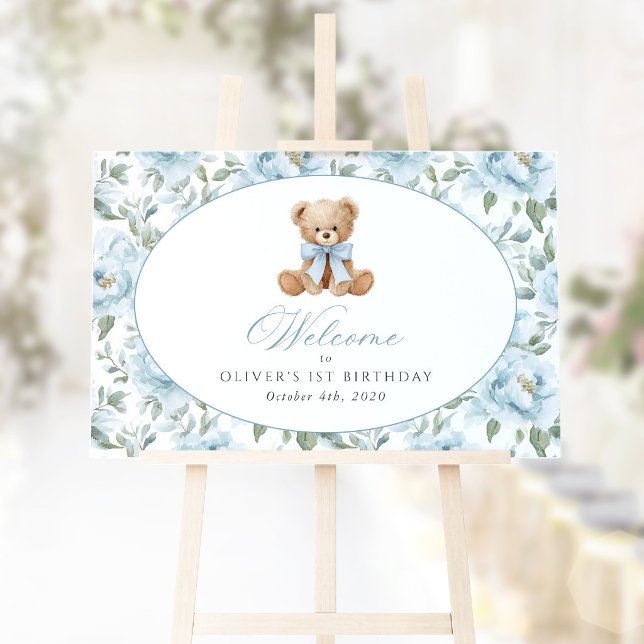 Bear, Bow, Blue Flowers, First Birthday Welcome Poster (Creator Uploaded)