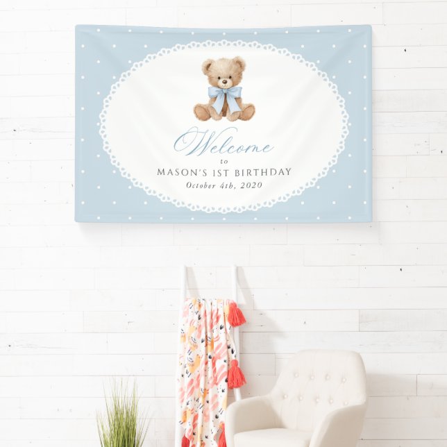 Bear, Bow, Blue Polka Dots, First Birthday Welcome Banner (Insitu)