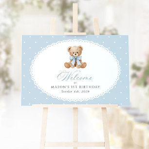 Bear, Bow, Blue Polka Dots, First Birthday Welcome Poster
