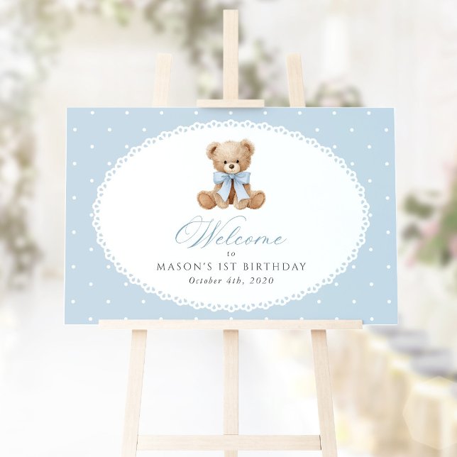 Bear, Bow, Blue Polka Dots, First Birthday Welcome Poster (Creator Uploaded)