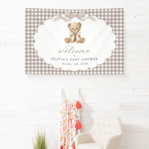 Bear, Bow, Brown Gingham, Baby Shower Welcome Banner