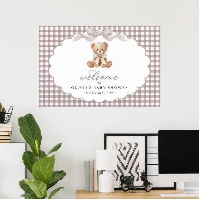 Bear, Bow, Brown Gingham, Baby Shower Welcome Poster (Home Office)