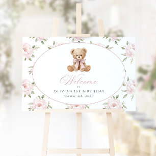 Bear, Bow, Pink Flowers, First Birthday Welcome Poster