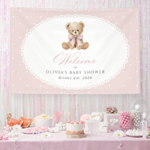 Bear, Bow, Pink Polka Dots, Baby Shower Welcome Banner