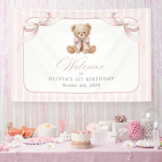Bear, Bow, Pink Stripes, First Birthday Welcome Banner (Party)