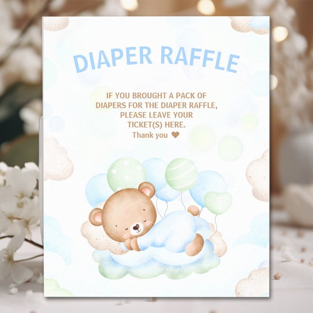 Bear Boy Baby Shower Blue Green Diaper Raffle Sign (Bear Boy Baby Shower Blue Green Diaper Raffle Sign)