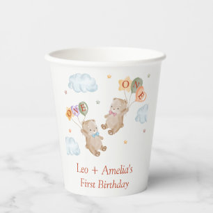 Bear Boy Girl Twins - First Birthday Party Paper Cups