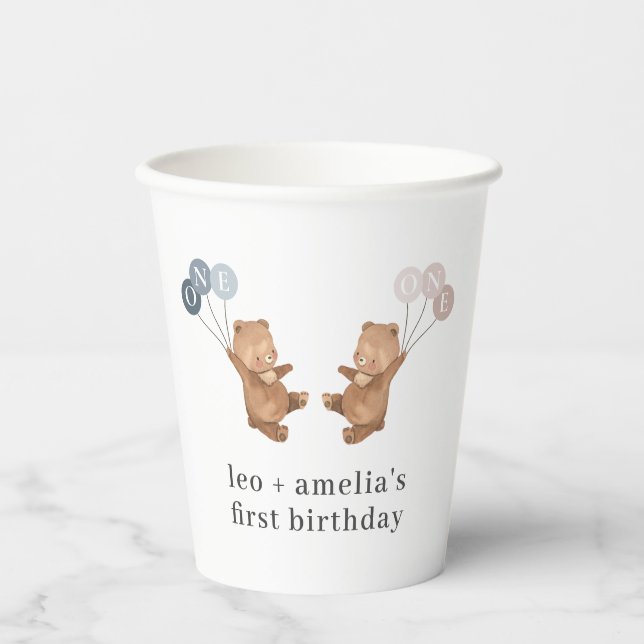 Bear Boy Girl Twins - Joint 1st Birthday Paper Cups (Front)