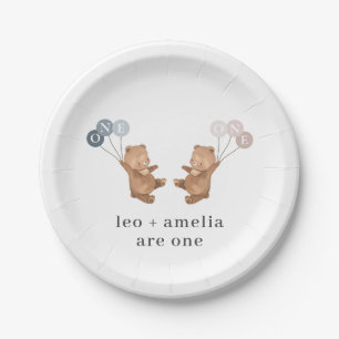 Bear Boy Girl Twins - Joint 1st Birthday Paper Plate