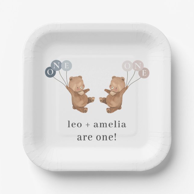 Bear Boy Girl Twins - Joint 1st Birthday Paper Plate (Front)