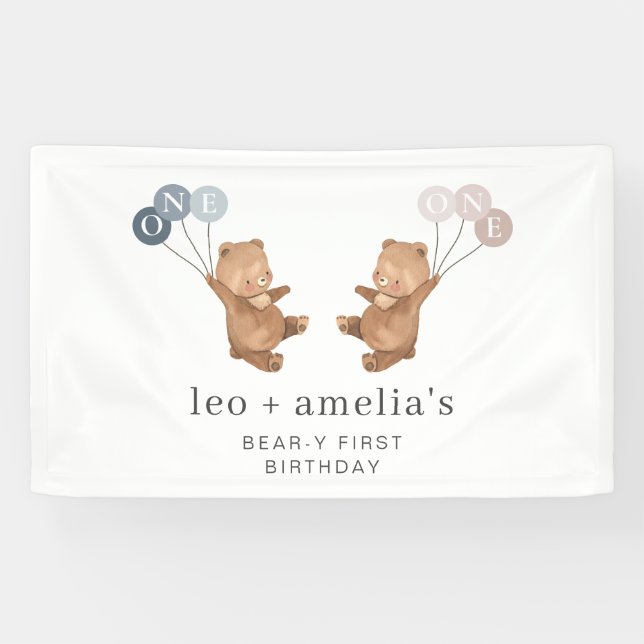 Bear Boy Girl Twins - Joint 1st Birthday Welcome Banner (Horizontal)