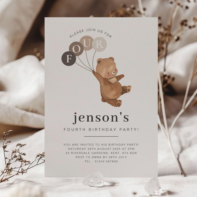 Bear Brown Balloons 4th Birthday Invitation (Creator Uploaded)