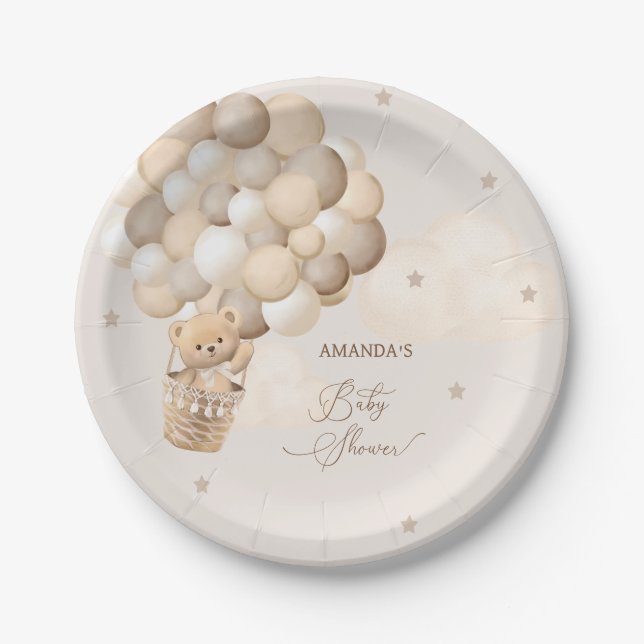 Bear Brown Balloons Baby Shower  Paper Plate (Front)