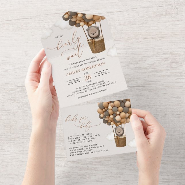 Bear, Brown Balloons, Hot Air Balloon, Baby Shower All In One Invitation (Tearaway)