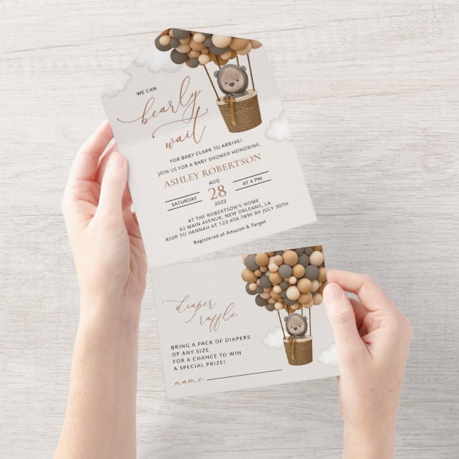 Bear, Brown Balloons, Hot Air Balloon, Baby Shower All In One Invitation (Tearaway)