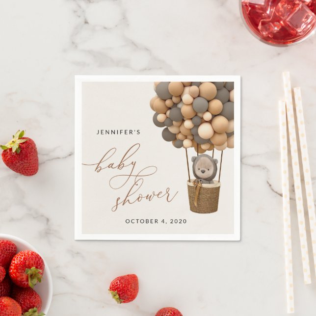 Bear, Brown Balloons, Hot Air Balloon, Baby Shower Napkin (Insitu)